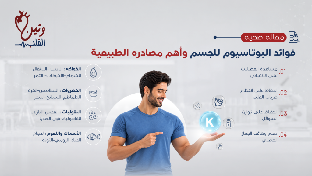 فوائد البوتاسيوم للجسم مع توضيح أهم مصادره الطبيعية مثل الفواكه والخضروات والبقوليات والأسماك ودوره في القلب والعضلات والأعصاب